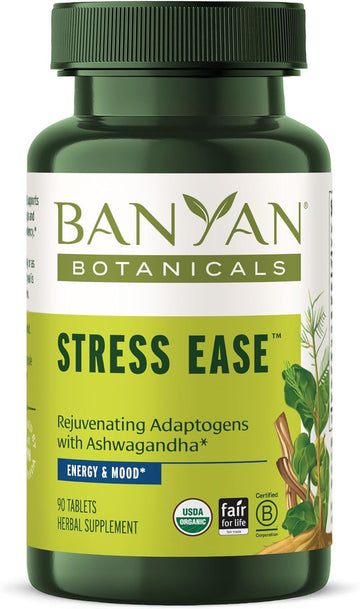 Banyan Botanicals Stress Ease ? Organic Herbal Supplement for Stress & Fatigue* ? with Ayurvedic Adaptogen Ashwagandha (Withania somnifera) Root ? 90 Tablets ? Non-GMO Sustainably Sourced Vegan