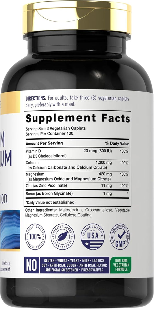 Carlyle Calcium Magnesium Zinc With Vitamin D3 And Boron | 300 Caplets | Vegetarian, Non-Gmo Supplement