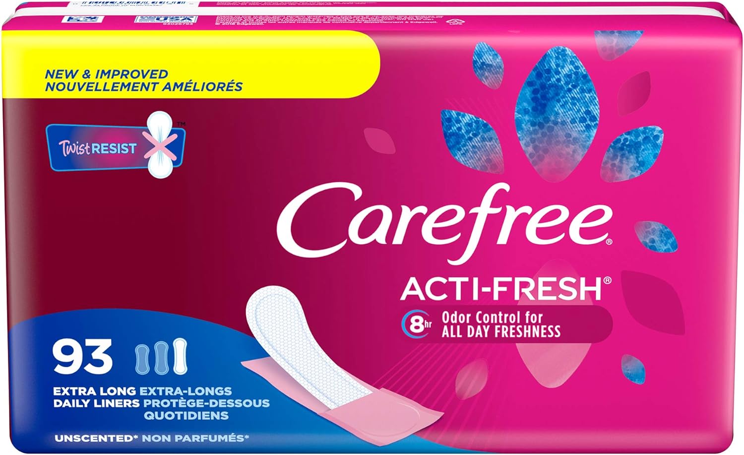 Carefree Acti-Fresh Body Shape Pantiliners Extra Long Unscented - 93 Count, Packaging May Vary