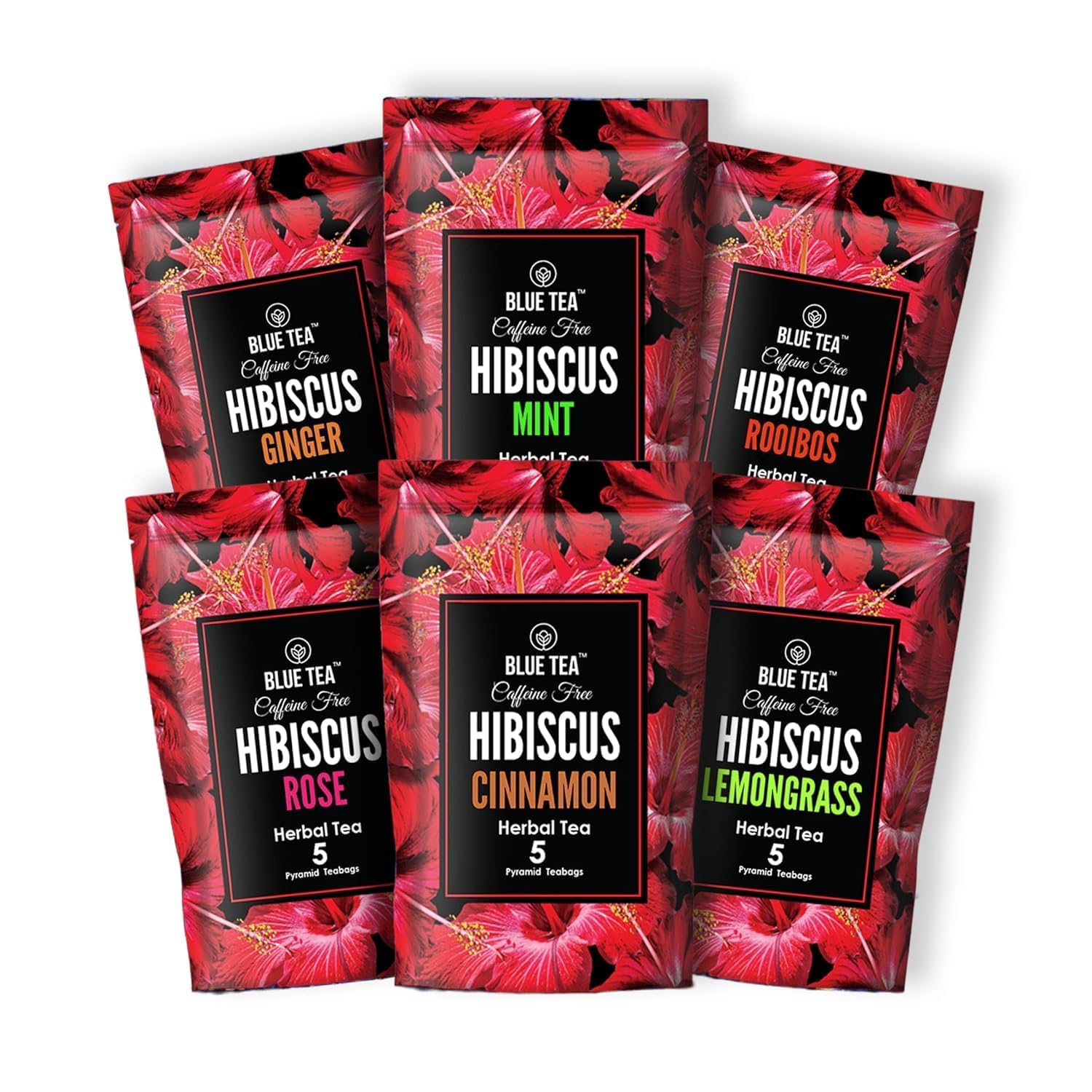 Blue Tea - Hibiscus Assorted Herbal Sampler Tea Pack (6 Flavors, 30 Tea Bags Gifts Set) | Ginger, Mint, Rooibos, Rose, Cinnamon, Lemongrass | Gifts For Her & Him |