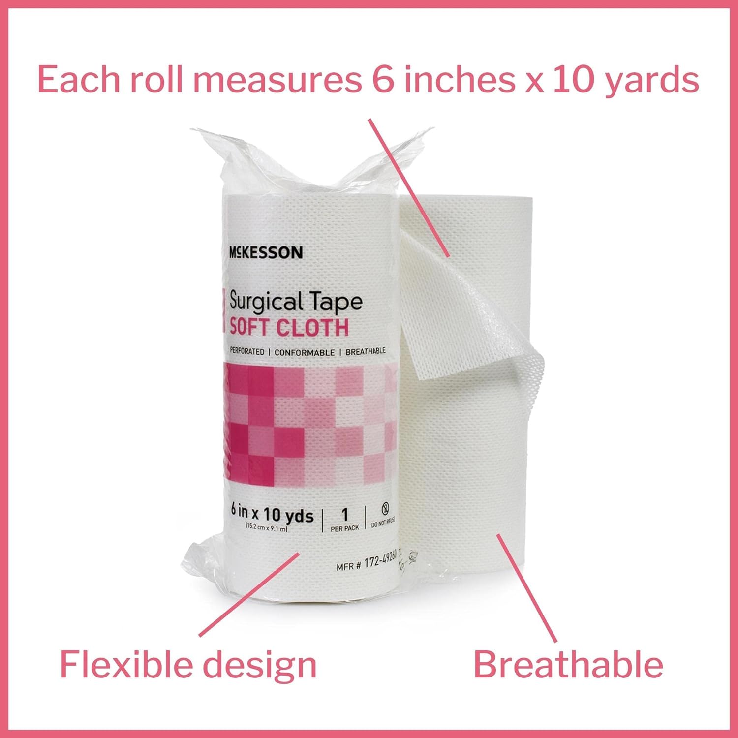 McKesson Surgical Tapes, Non-Sterile, Soft Cloth, Breathable, 6 in x 10 yd, 1 Roll, 6 Packs, 6 Total