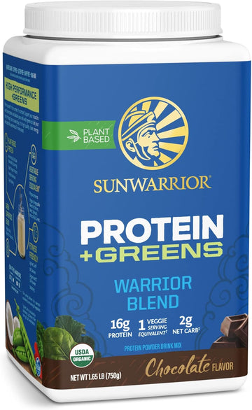 Sunwarrior Warrior Blend Protein Greens Powder Drink Mix | Bcaa Plant Based Organic Hemp Seed Vegan Gluten Free Non-Gmo Low Carb Protein Powder | Chocolate 750 G 30 Srv