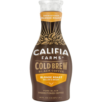 Califia Farms - Pure Black Blonde Roast Cold Brew Coffee, 48 Oz, 100% Arabica, Plant Based, Vegan, Gluten Free, Non Gmo, Sugar Free, Iced Coffee