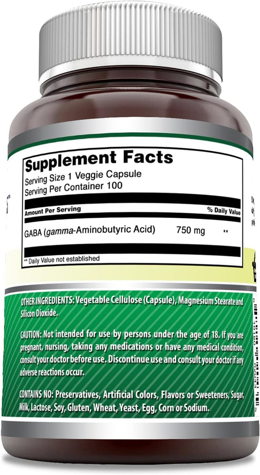 Amazing Formulas Pharma GABA 750mg Per Serving 100 Veggie Capsules Supplement | Non-GMO | Gluten Free | Made in USA | Ideal for Vegetarians