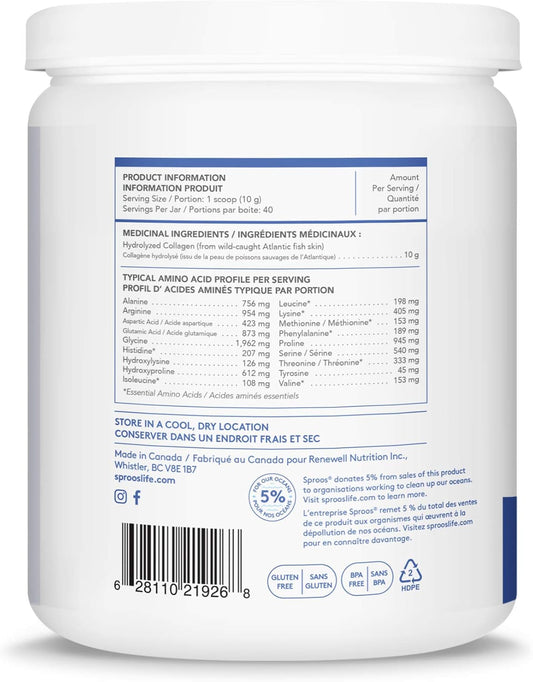 Sproos - Marine Collagen - Beverage Powder - Hydrolised Collagen Peptides - Healthy Hair, Skin & Nails - Unflavoured (No Fishy Taste) - 40-Day Supply - 400 G