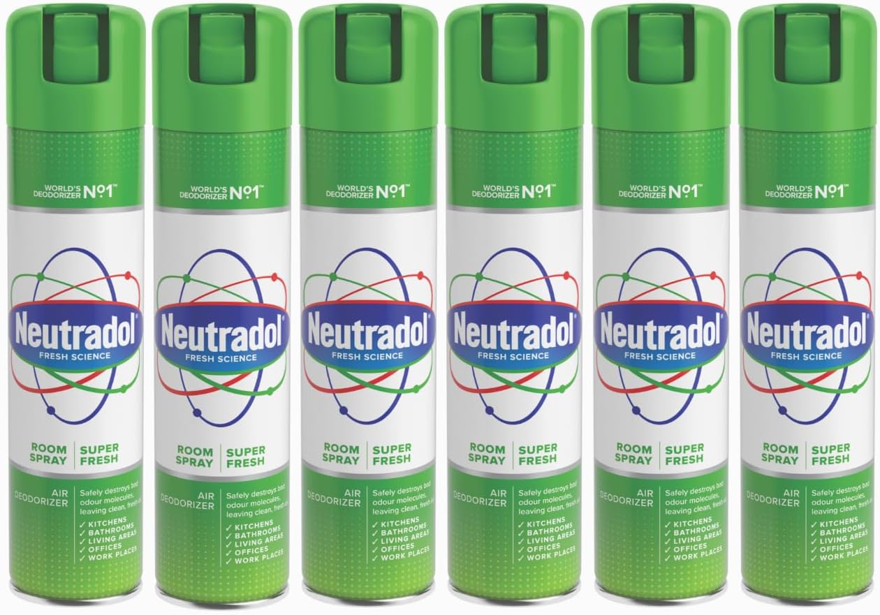 Neutradol Room Spray, Fast Acting Aerosol, Air Freshener For Home & Office, Odour Eliminator, Multipack Of 6 X 300Ml (Super Fresh)