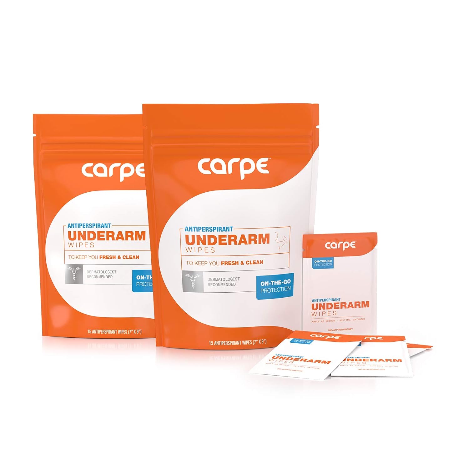 Carpe On-the-Go Antiperspirant Underarm Wipes (Pack of 2 Boxes) for Sweat Blocking, Deodorizing, and Cleansing When You're On the Move - 30 Residue Free, Individually Wrapped Wipes