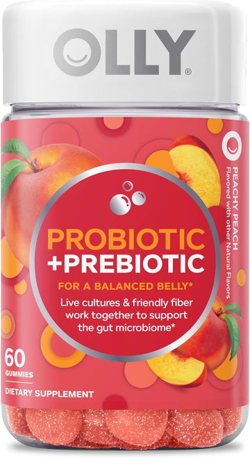 Olly Probiotic + Prebiotic Gummy, Digestive Support And Gut Health, 500 Million Cfus, Fiber, Adult Chewable Supplement For Men And Women, Peach, 30 Day Supply - 60 Count