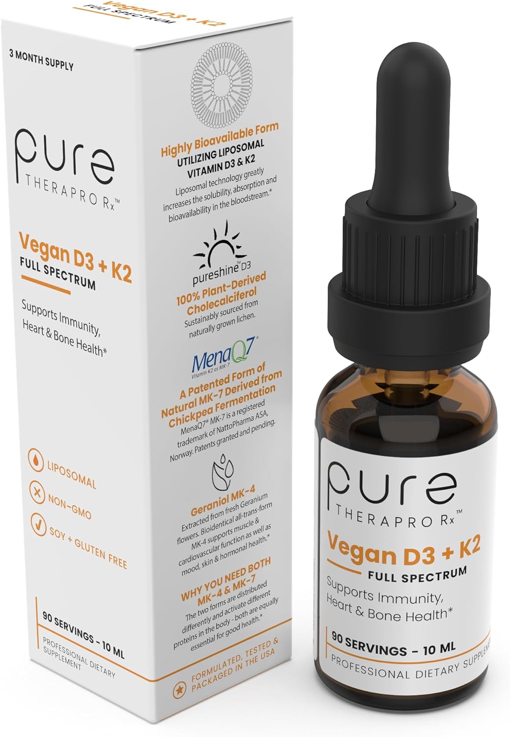 Pure Therapro Rx Vegan Vitamin D3 + K2 Liposomal Supplement | 90 Servings | Maximum Absorption Liquid Vitamins D3 5000 IU and K2-10 for Men and Women - 10 mL