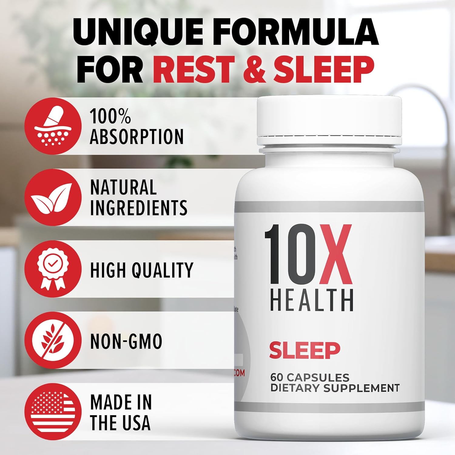 10X Health Sleep Supplement For Adults - 3Mg Melatonin, L-Theanine & Magnesium Supplement For Deep Rest, Relaxation & Longer Sleep - Non-Habit Forming, 3-In-1 Natural Sleep Support - 60 Capsules : Health & Household