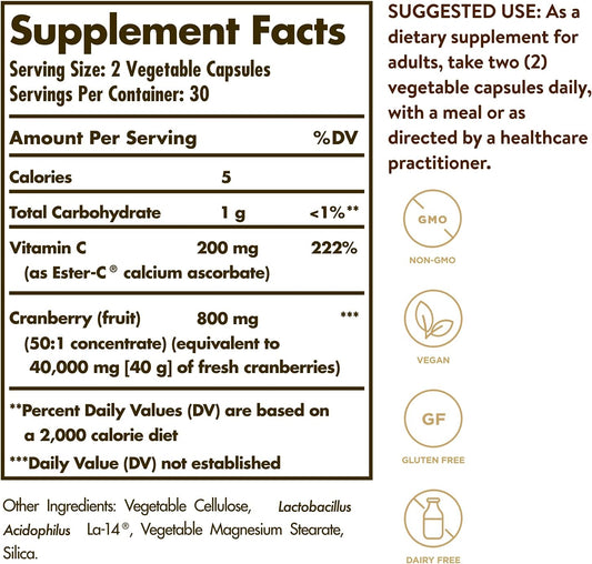 Solgar CRAN FLORA w/ Probiotics Plus Ester-C, 60 Veg. Caps - Support Urinary Tract, Immune & Intestinal Health - Cranberry Powder for Digestion - Non GMO, Vegan, Gluten Free, Dairy Free - 30 Servings