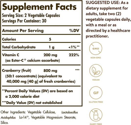 Solgar CRAN ORA w/ Probiotics Plus Ester-C, 60 Veg. Caps - Support Urinary Tract, Immune & Intestinal Health - Cranberry Powder for Digestion - Non GMO, Vegan, Gluten Free, Dairy Free - 30 Servings