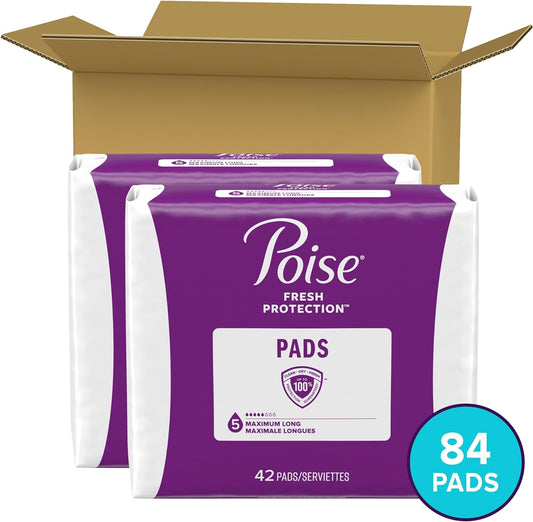 Poise Incontinence Pads & Postpartum Incontinence Pads, 5 Drop Maximum Absorbency, Long Length, 84 Count (2 Packs of 42), Packaging May Vary