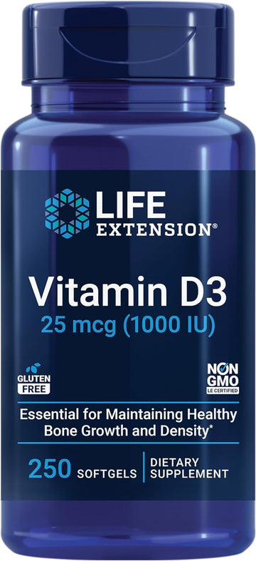Life Extension Vitamin D3 25 Mcg (1000 Iu), Immune System Support, Bone Health, Whole-Body Health, Value Size, Gluten-Free, Non-Gmo, 250 Softgels