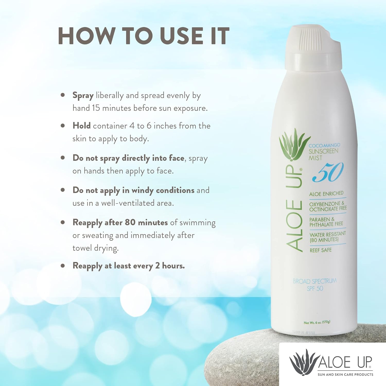 Aloe Up White Collection Continuous Sunscreen Spray SPF 50 Broad Spectrum UVA/UVB Sunscreen Protector for Face & Body w/Moisturizing Aloe Vera Gel Reef Safe Coco-Mango Fragrance - 5.5 Fl. Oz : Beauty & Personal Care