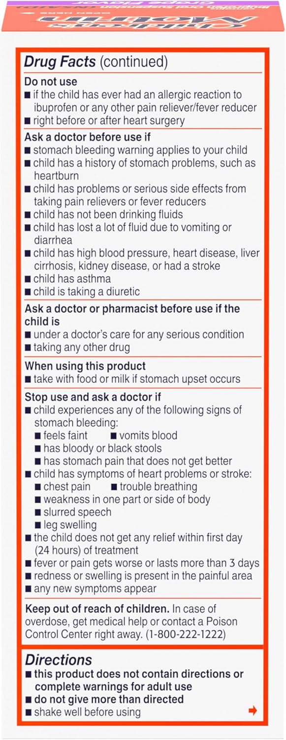 Children'S Motrin Oral Suspension, Pain Relief, Ibuprofen, Grape Flavored, 4 Oz : Health & Household