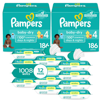 Pampers Baby Dry Disposable Baby Diapers Size 4, 2 Month Supply (2 X 186 Count) With Sensitive Water Based Baby Wipes 12X Multi Pack Pop-Top And Refill (1008 Count)