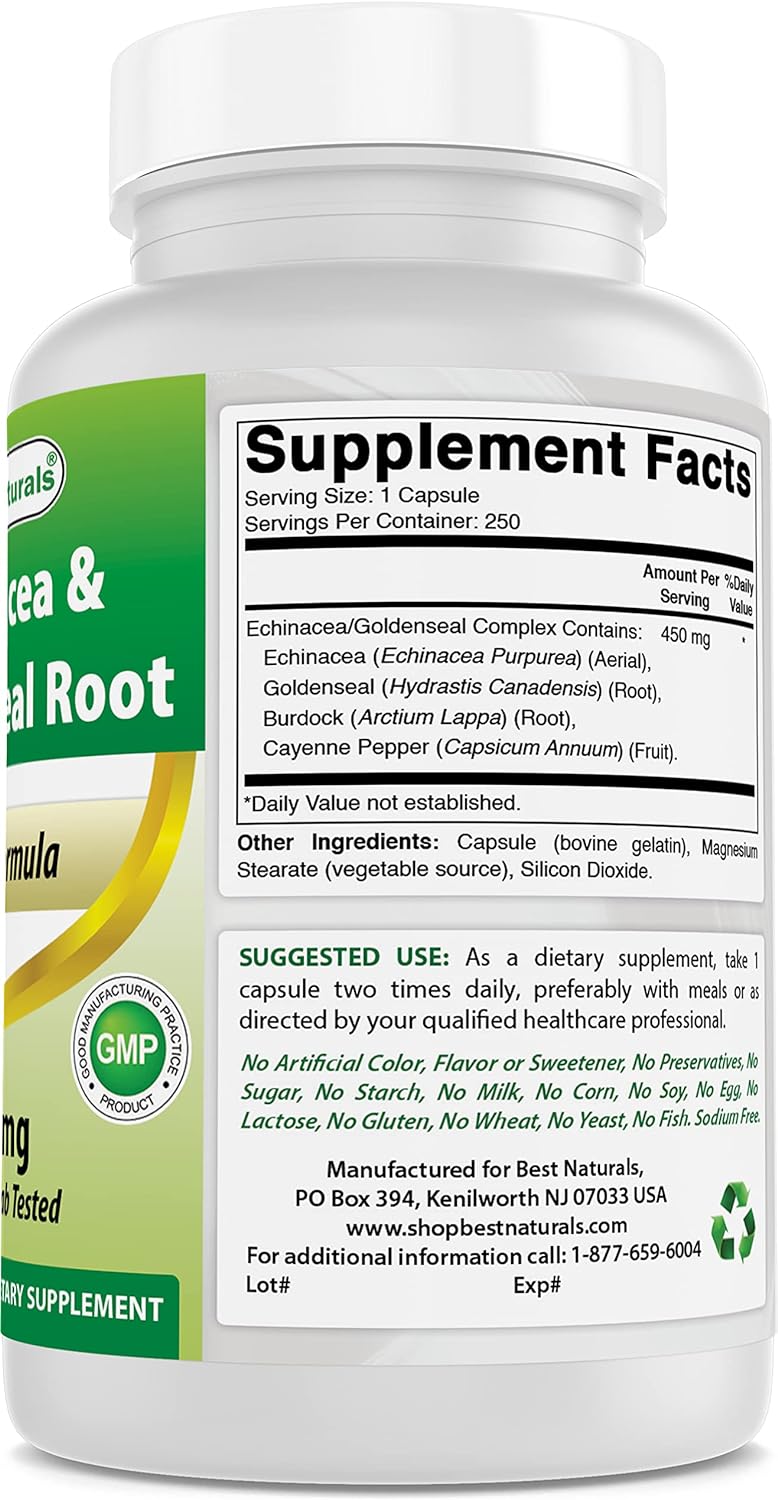 Best Naturals Echinacea Goldenseal 450 mg 250 Caps : Health & Household
