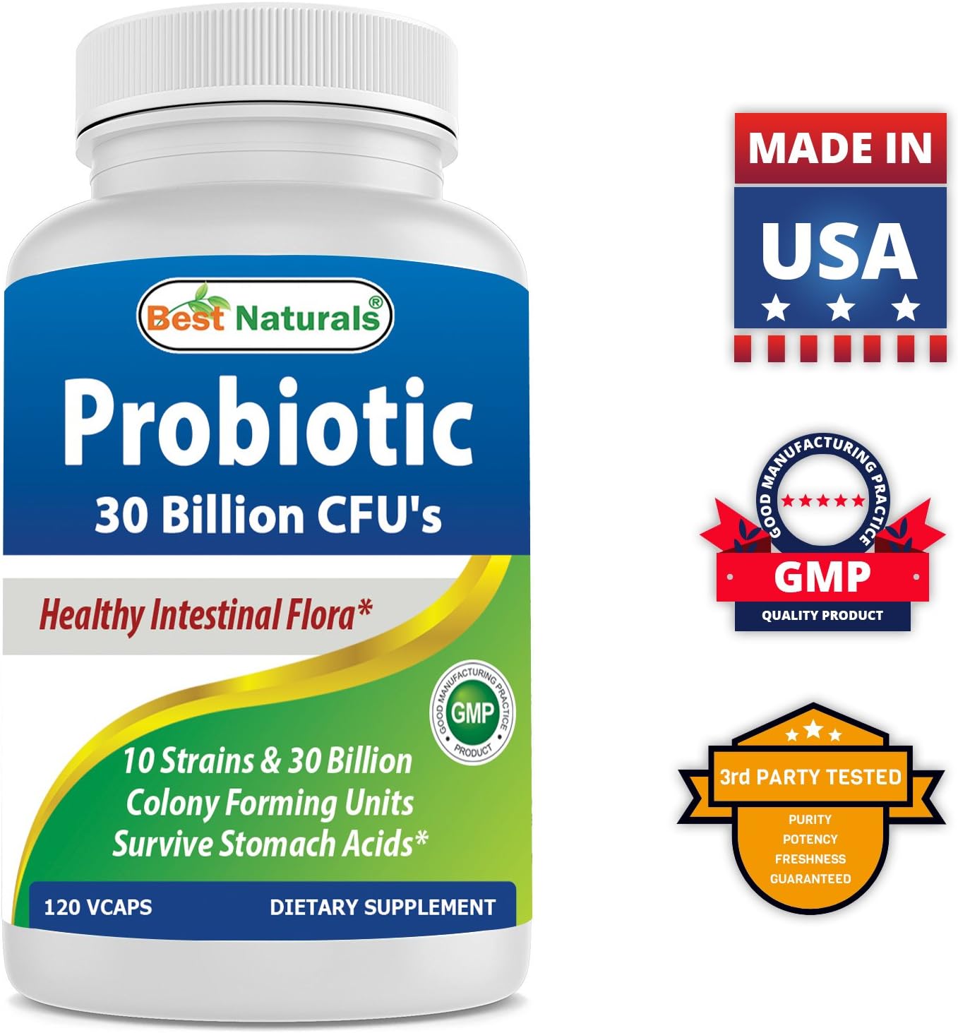 Best Naturals Probiotic 10 Strains & 30 Billion CFU Intestinal Flora, 120 Veggie Capsules - Shelf Stable probiotic (4146365) : Health & Household