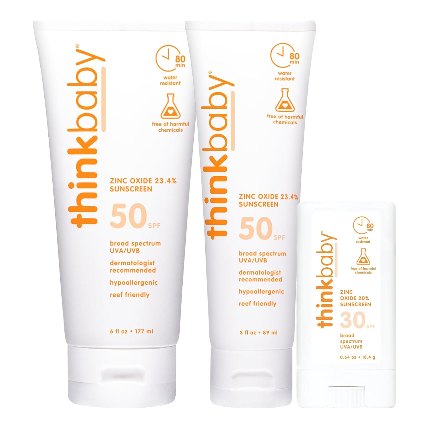 Thinkbaby Baby Sunscreen - Spf 50+ (3 Oz & 6 Oz) + Spf 30 Sunscreen Stick (0.64 Oz)