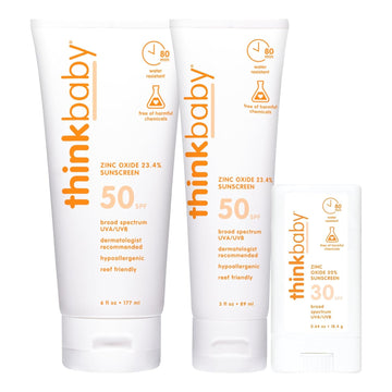Thinkbaby Baby Sunscreen - Spf 50+ (3 Oz & 6 Oz) + Spf 30 Sunscreen Stick (0.64 Oz)