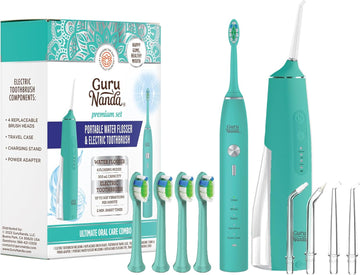 Gurunanda Lion & Lamb Kit (Teal) - Portable Water Flosser (300Ml) With 4 Jet Tips & 5000 Mah Rechargeable Sonic Toothbrush With 4 Brush Heads & More