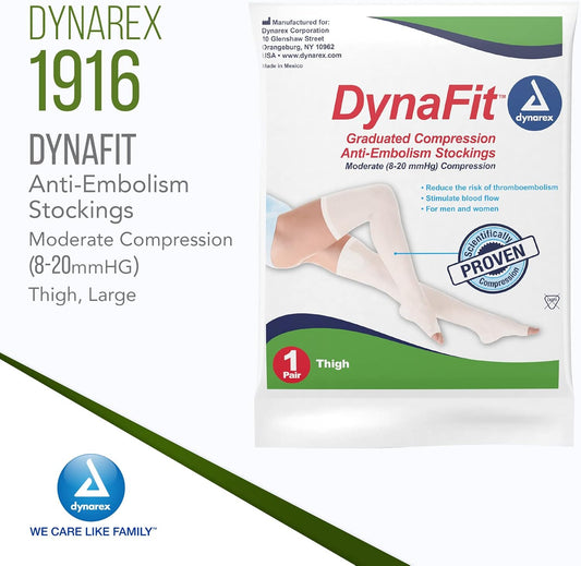 Dynarex Dynafit Compression Stockings Thigh High, 8-20 Mmhg, Help Prevent Blood Clots, Relieve Pain & Varicose Veins, White, 1 Pair Of Stockings