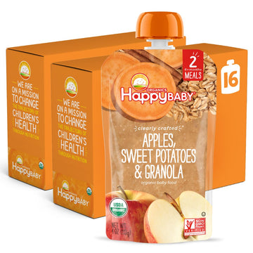 Happy Baby Organics Stage 2 Baby Food Pouches, Gluten Free, Vegan & Healthy Snack, Clearly Crafted Fruit & Veggie Puree, Apples, Sweet Potatoes & Granola, 4 Ounces (Pack Of 16)