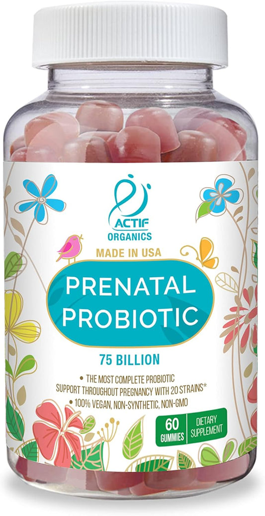 Actif Prenatal Probiotic Maximum Strength With 75 Billion Cfu And 20 Strains, Immunity And Gut Support, Zero Nausea Formula - Made In The Usa, 60 Gummies, Strawberry Flavor