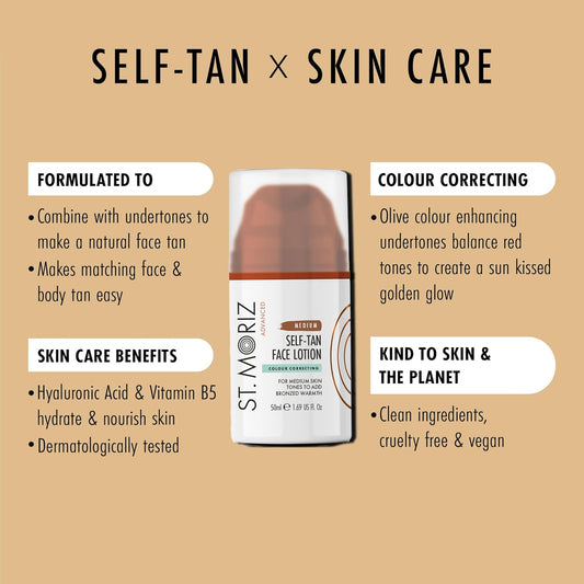 St Moriz Advanced Medium Colour Correcting Self Tan Face Lotion | With Hyaluronic Acid & Vitamin B5 | Olive Colour Correcting Undertones Neutralise Red Tones | Wear Alone & Under Makeup | Vegan | 50Ml