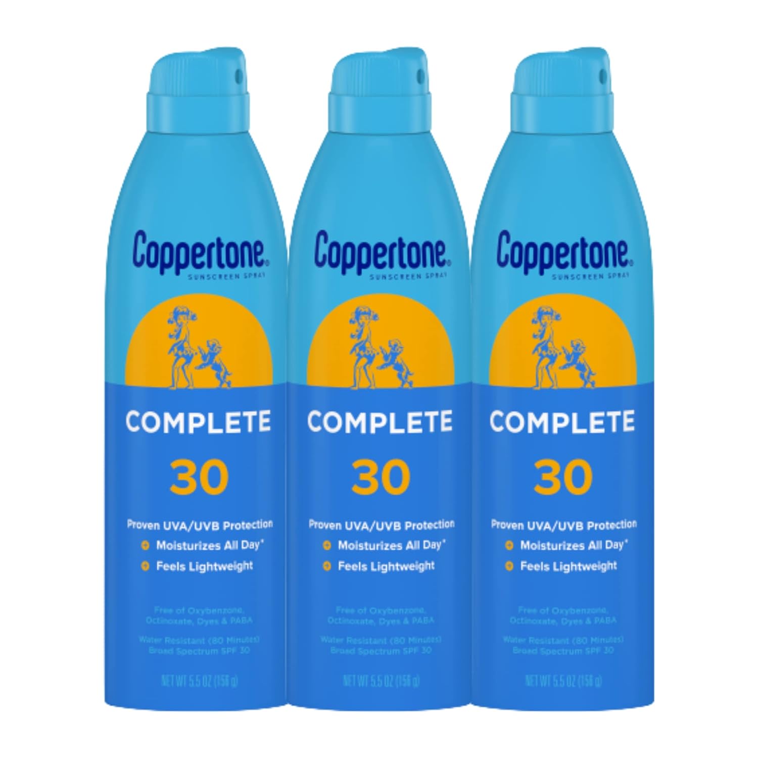 Coppertone COMPLETE SPF 30 Sunscreen Spray, Lightweight, Moisturizing Sunscreen Pack, Water Resistant Spray Sunscreen SPF 30, 5.5 Oz Spray, Pack of 3
