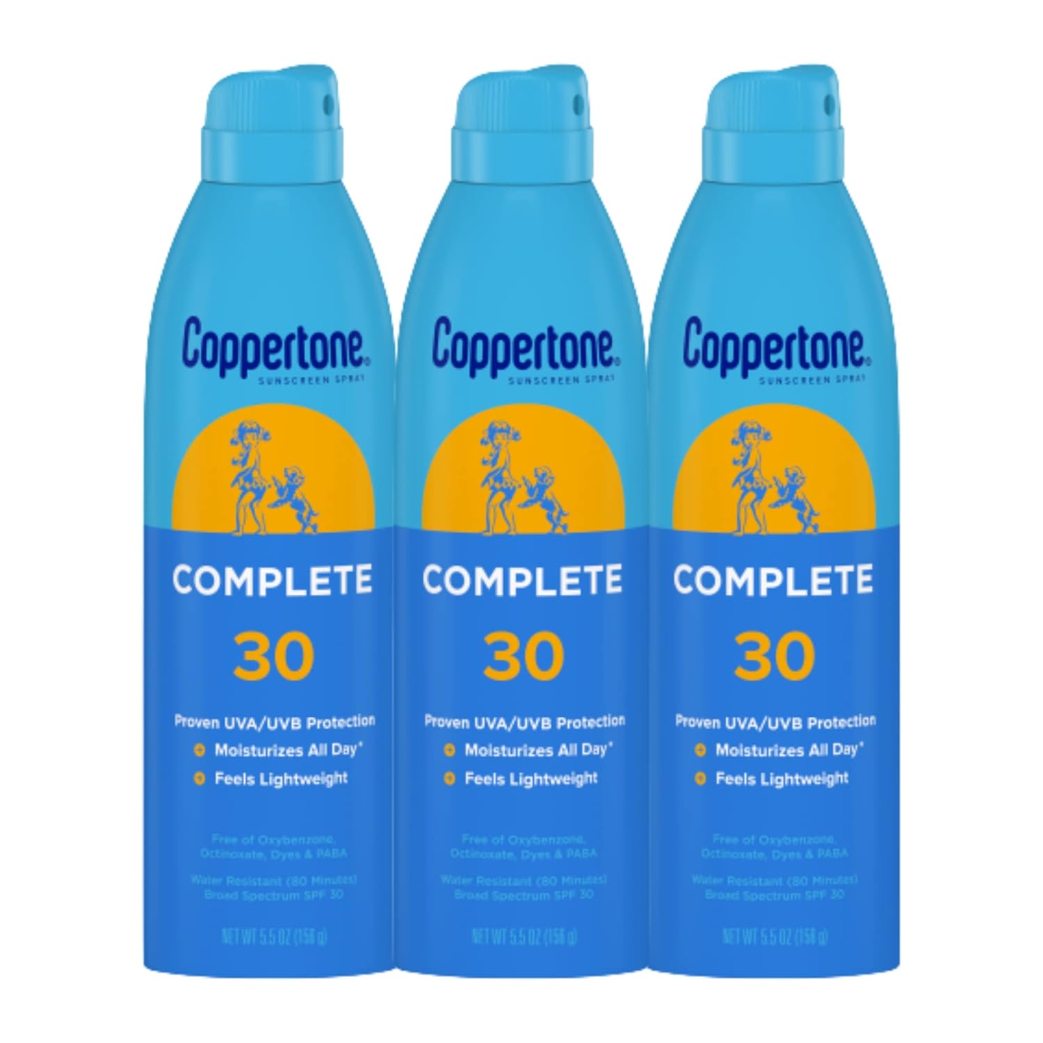 Coppertone Complete Spf 30 Sunscreen Spray, Lightweight, Moisturizing Sunscreen Pack, Water Resistant Spray Sunscreen Spf 30, 5.5 Oz Spray, Pack Of 3