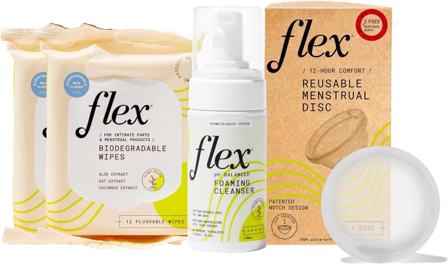 Flex Reusable Disc Starter Bundle | Reusable Menstrual Disc with Flex Wash and 2 Packs Flex Wipes