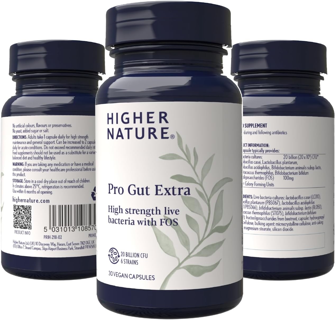 Higher Nature - Pro Gut Extra - High Strength Probiotic With Prebiotic - Multi-Strain Probiotic For Digestive System - Live Bacteria With FOS - 20 Billion CFUs - 6 Proven Strains - Vegan - 30 Capsules : Amazon.co.uk: Health & Personal Care