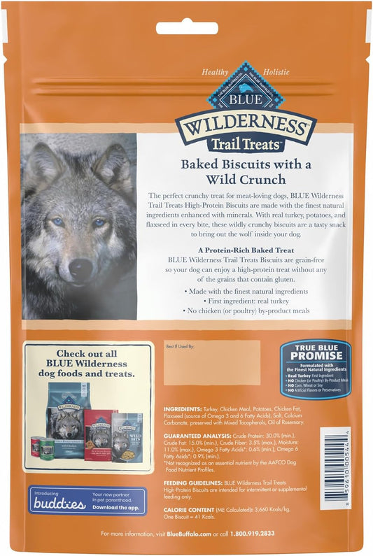 Blue Buffalo Wilderness Trail Treats High Protein Grain Free Crunchy Dog Treats Biscuits, Turkey Recipe 10-oz bag