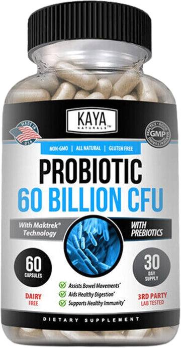 Kaya Naturals Probiotic 60 Billion Cfu | Probiotics For Women, Probiotics For Men And Adults, Natural | Gut Health & Immune Support Supplement | Provides Digestive Support - 60 Vegetable Capsules