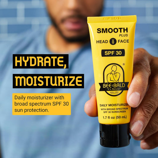 Bee Bald SMOOTH PLUS Daily Moisturizer With SPF 30 Broad Spectrum Sunscreen - Head and Face Moisturizer Lotion for Men and Women Too - Hydrate and Protect Skin from Harmful UVA/UVB Rays - 1.7 fl Oz