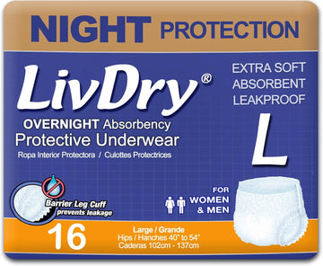 Livdry Adult Diapers Large Incontinence Underwear, Overnight, Leak Protection, 16-Pack