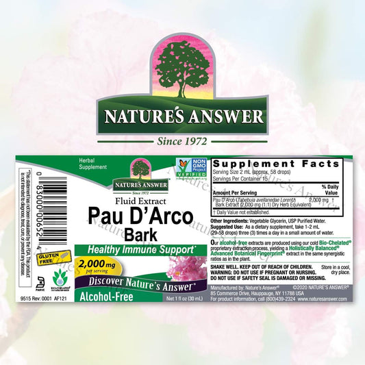 Nature's Answer Alcohol-Free Pau D'Arco Inner Bark 2000mg 1 Extract | Supports Healthy Immune System | Helps Maintain Intestinal ora | Gluten-Free, Kosher Certified | Single Count
