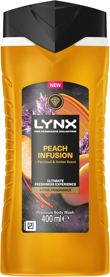 Lynx Fine Fragrance Collection Peach Infusion Premium Body Wash Body Cleanser Shower Gel With A Peach, Patchouli & Amber Scent For 12 Hours Of Freshness 400 Ml