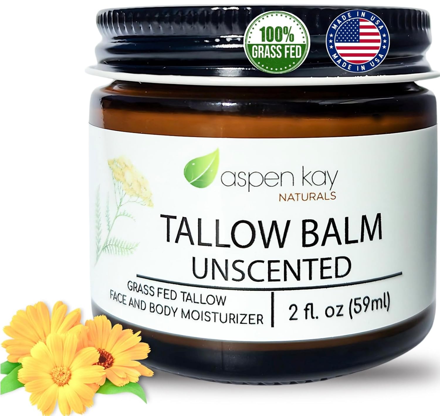 Aspen Kay Naturals Handmade 100% Grass Fed Beef Tallow Balm For Skin Care, Organic Moisturizer + Chamomile, Yarrow & Calendula (Unscented) Organic Body Butter - 2 Fl. Oz. Made In Usa