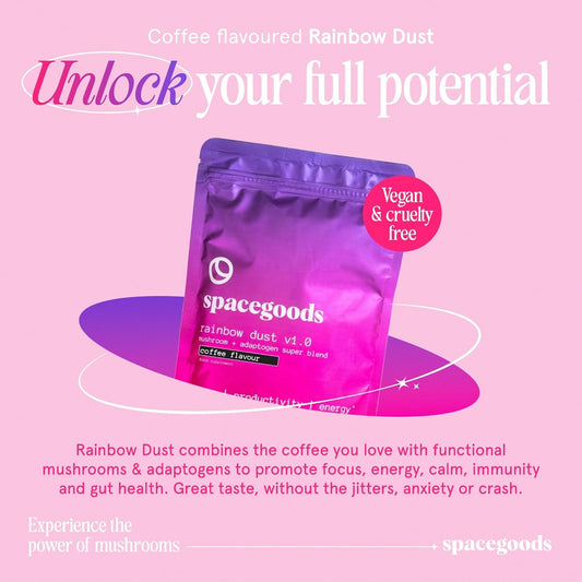 Spacegoods Rainbow Dust 6 Pack 240G | 180 Days Supply | Flavoured Mushroom Coffee | 120Mg Of Natural Caffeine | Lions Mane, Chaga Ashwagandha & Vitamin B5| Sharper Focus, Energy & Calm | Coffee
