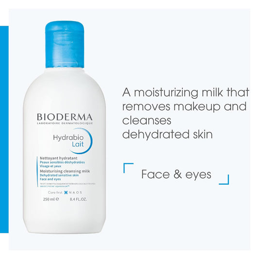 Bioderma Hydrabio Milk Cleansing and Make-Up Removing, Hydrating feeling, for Dehydrated Sensitive Skin, 8.33 Fl Oz