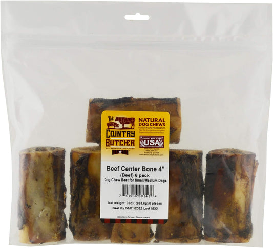 The Country Butcher 4" Beef Marrow Dog Bones for Aggressive Chewers, Small and Medium Breed Dog Treat, with Collagen, Natural, Tough, Chew Toy, Made in The USA, 6 Count