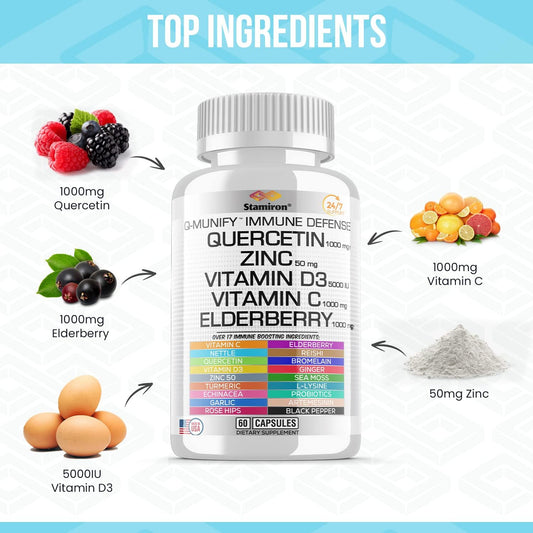 Stamiron Quercetin 1000mg Zinc 50mg Vitamin C 1000mg Supplement Immune Support Defense w Vit D3 5000IU Elderberry Echinacea Artemisinin Turmeric Ginger Quercitin Bromelain Garlic Nettle -USA Made 60ct