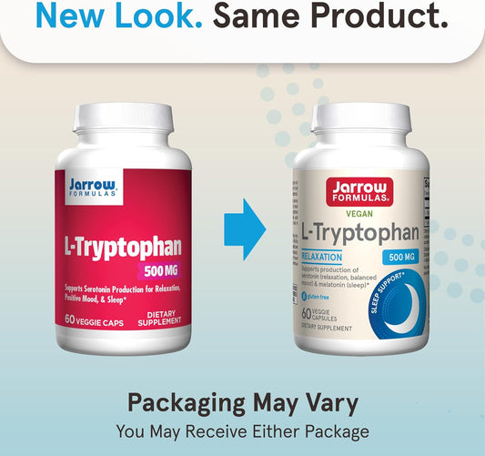 Jarrow Formulas L-Tryptophan, 500 Mg Dietary Supplement For Stress, Sleep, And Mood Support, 60 Capsules, 60 Day Supply (Pack Of 12)