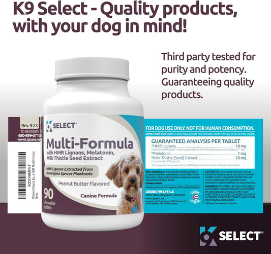 K9 Select Multi-Formula Dog Supplement For Smaller Dogs - 10Mg Hmr Lignans, 1Mg Melatonin, 20Mg Milk Thistle - Helps Heart, Liver, Digestion, Skin & Coat Health, 90 Peanut Butter Chewable Tabs