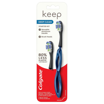 Colgate Keep Soft Manual Toothbrush For Adults With 2 Deep Clean Floss-Tip Brush Heads, Navy