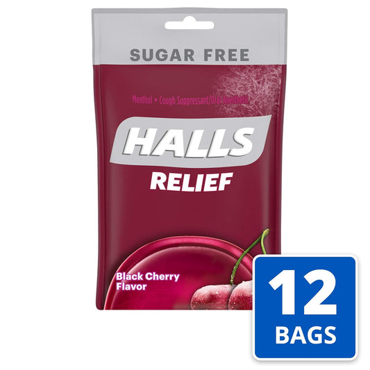 HALLS Relief Pastilles Toux Sans Sucre Saveur Cerise Noire – 12 Packs de 25 Bonbons (300 Total)