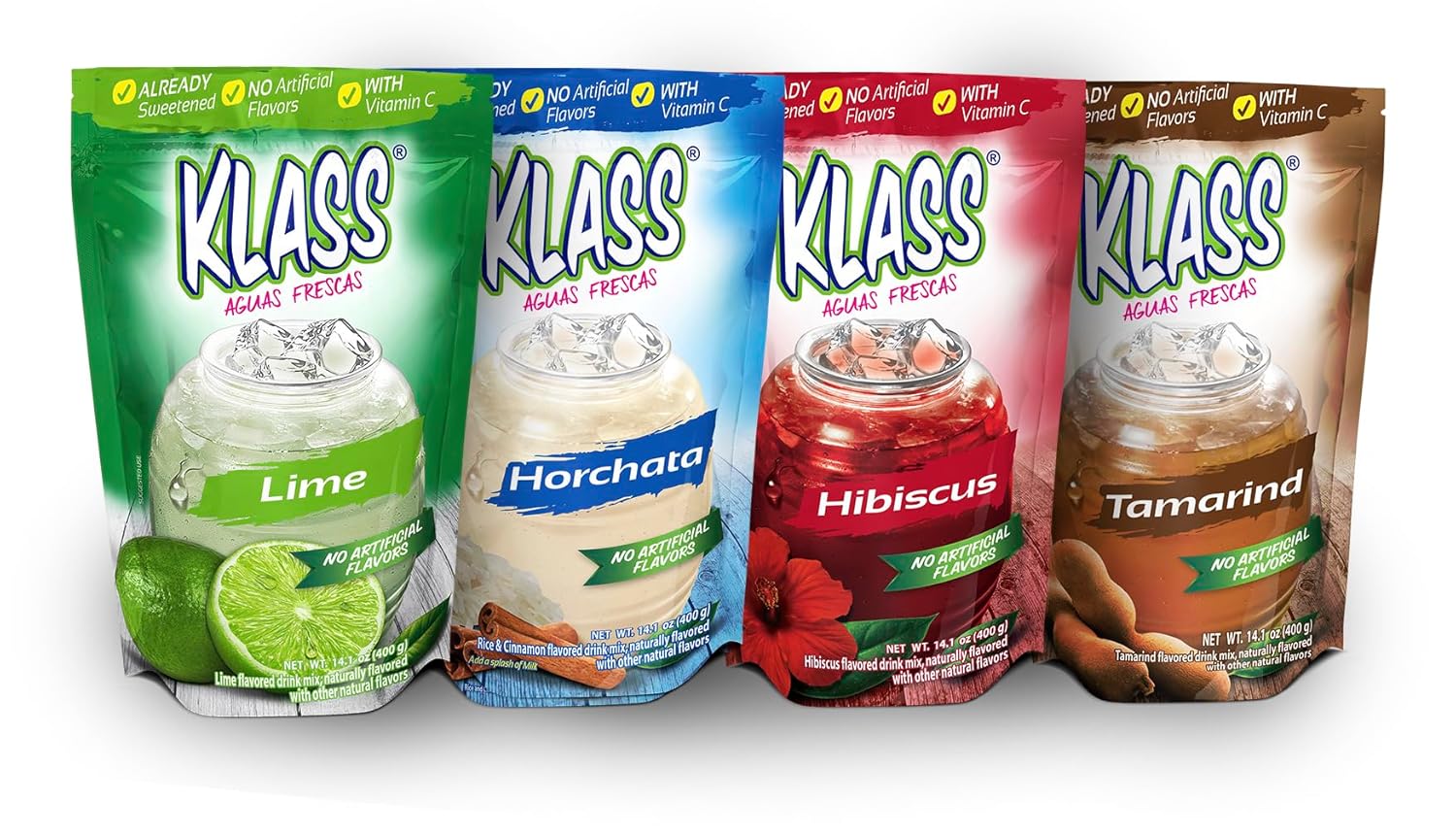 Drink Mix Variety Pack Of Aguas Frescas | Klass Horchata Limeade Hibiscus & Tamarind Drink | Flavors From Natural Sources, No Artificial Flavors, With Vitamin C (Makes 7 To 9 Quarts) 14.1 Oz Family Pack (4-Pack)